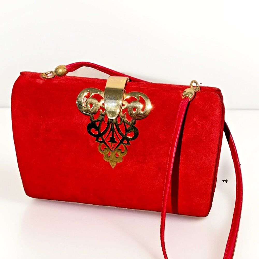Rare Vintage Rodo Red Suede Evening Bag Gold Filigree Clasp Crossbody Clutch